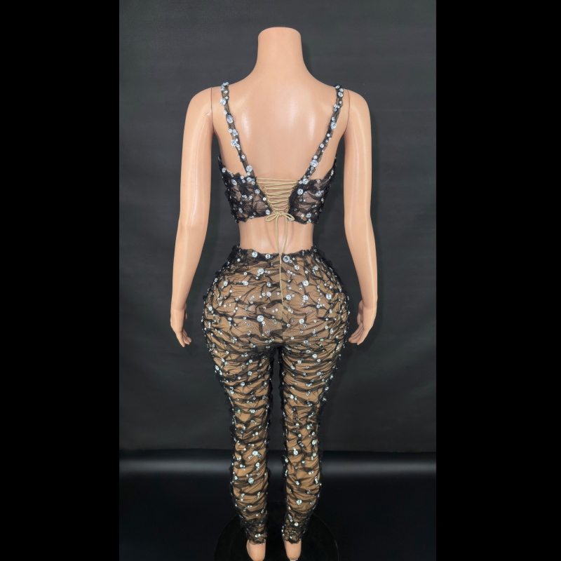 Costum pantaloni cu suspensii, cu mărgele și cristale, plisat, pentru spectacole pe scenă, stil western street, vară 2025