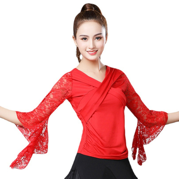 Top za ples s trumpetskim rukavima – ženski Milk Silk materijal; poliester + elastan; za ballroom/Latin/modern ples, proljeće 2023 (Brand: Yihuang; Materijal: Milk Silk; Glavni materijal: poliester + elastan; Prilike: ballroom/Latin/modern; Sezona: proljeć