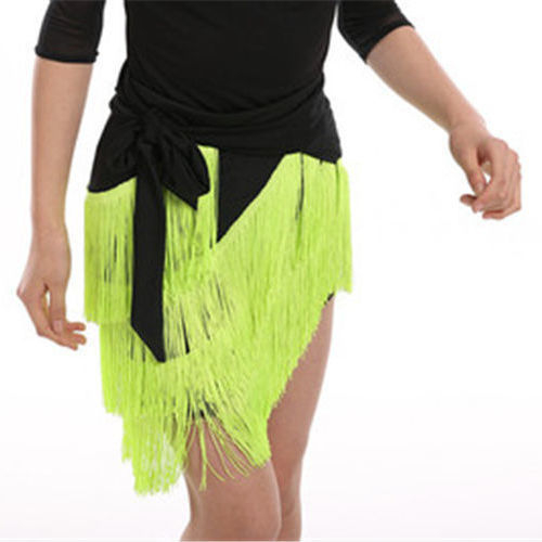 Fustă de dans Latin cu șorț și ciucuri, pentru femei adulte, material Milk Silk, 85% elastan, potrivită pentru spectacole de dans Latin, anotimpuri: vară, iarnă, primăvară, toamnă