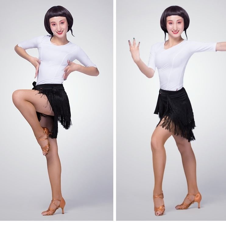 Fustă de dans Latin cu șorț și ciucuri, pentru femei adulte, material Milk Silk, 85% elastan, potrivită pentru spectacole de dans Latin, anotimpuri: vară, iarnă, primăvară, toamnă