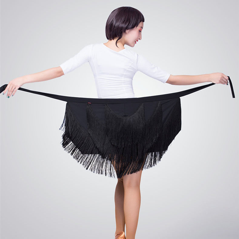 Fustă de dans Latin cu șorț și ciucuri, pentru femei adulte, material Milk Silk, 85% elastan, potrivită pentru spectacole de dans Latin, anotimpuri: vară, iarnă, primăvară, toamnă