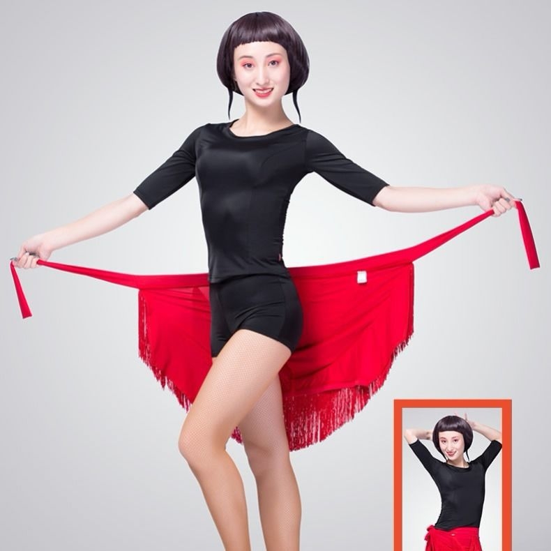 Fustă de dans Latin cu șorț și ciucuri, pentru femei adulte, material Milk Silk, 85% elastan, potrivită pentru spectacole de dans Latin, anotimpuri: vară, iarnă, primăvară, toamnă