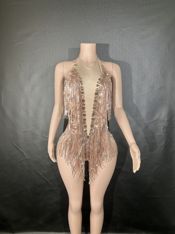 Salopetă de dans cu paiete și franjuri, elastică, Primăvara 2024, țesătură Spandex, conținut ≤30%