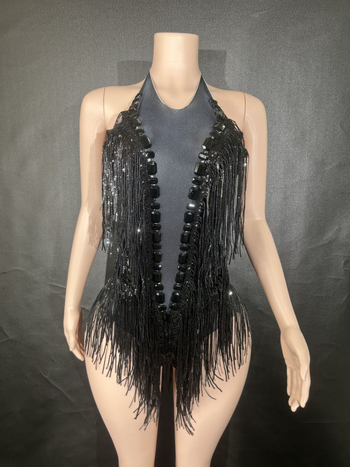 Salopetă de dans cu paiete și franjuri, elastică, Primăvara 2024, țesătură Spandex, conținut ≤30%