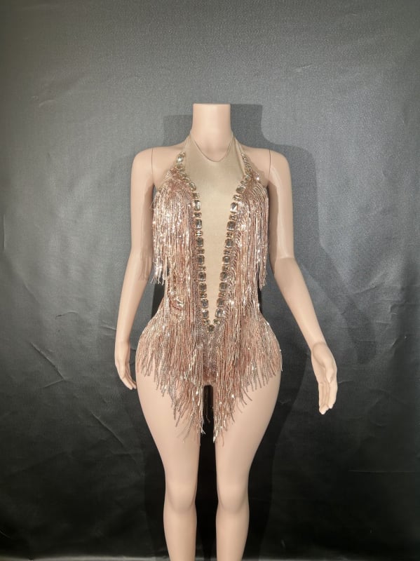 Salopetă de dans cu paiete și franjuri, elastică, Primăvara 2024, țesătură Spandex, conținut ≤30%