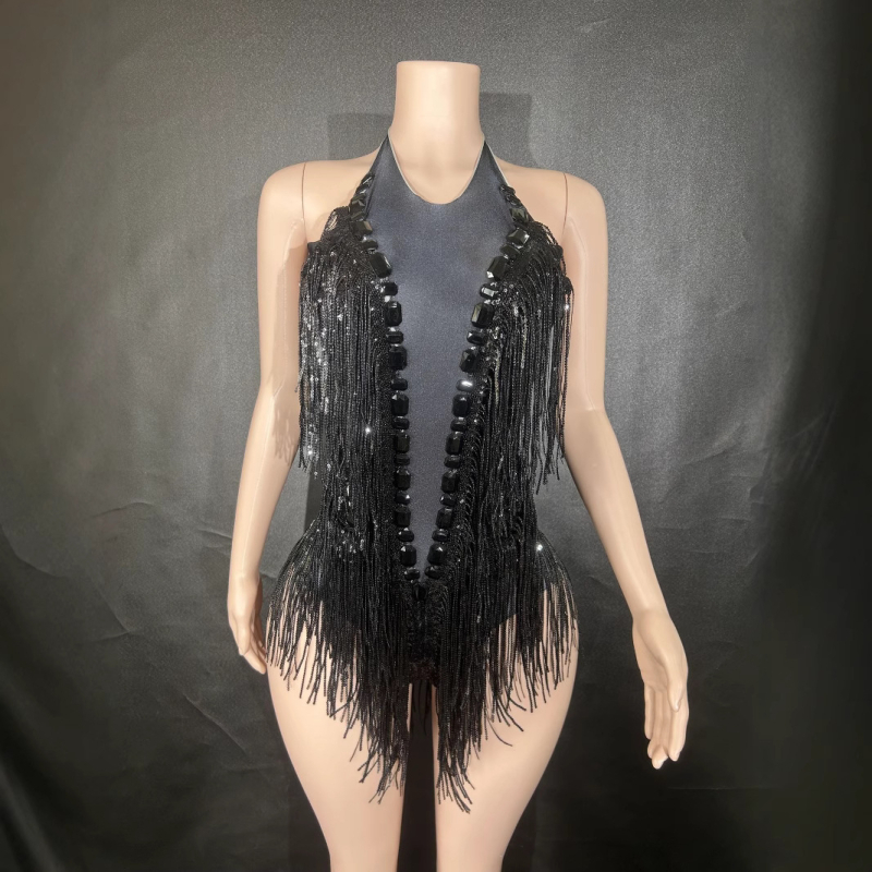 Salopetă de dans cu paiete și franjuri, elastică, Primăvara 2024, țesătură Spandex, conținut ≤30%