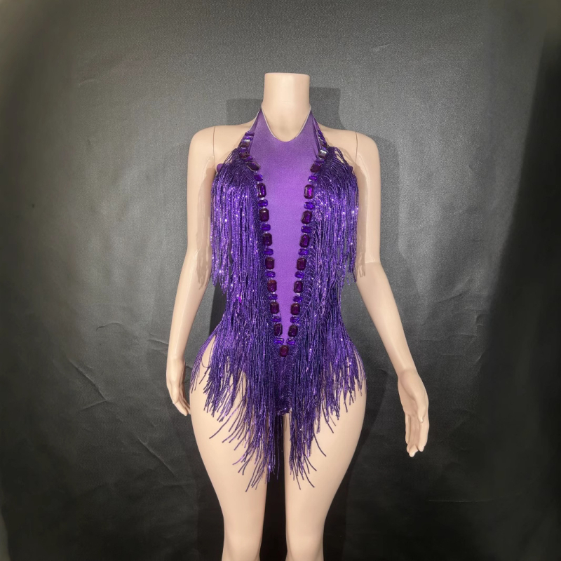 Salopetă de dans cu paiete și franjuri, elastică, Primăvara 2024, țesătură Spandex, conținut ≤30%