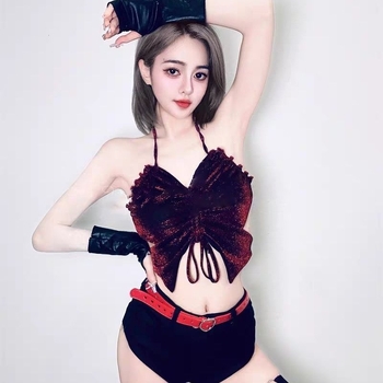 Bepečių moteriškas šokių topas, trumpas ilgis, poliesteris, mikroelastinis, gaivaus ir saldaus stiliaus