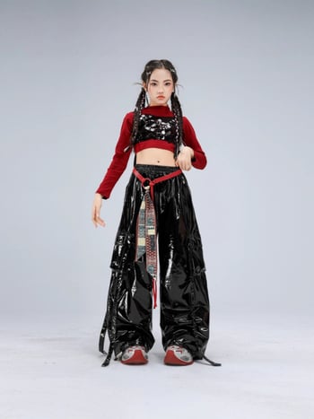 Dievčenský kostým na vystúpenie, dlhý rukáv crop top v štýle catwalk (polyesterová látka; obsah polyesteru 50%; vhodné pre vek 8+; zima 2025; etiketa na golieri)