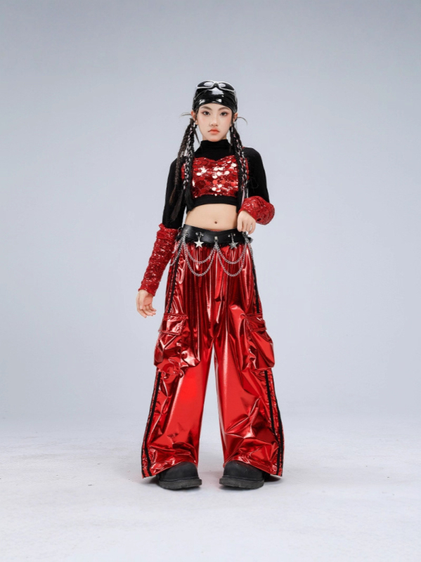 Dievčenský kostým na vystúpenie, dlhý rukáv crop top v štýle catwalk (polyesterová látka; obsah polyesteru 50%; vhodné pre vek 8+; zima 2025; etiketa na golieri)