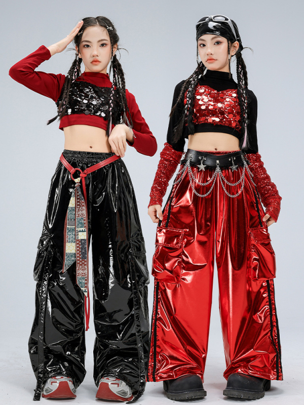 Dievčenský kostým na vystúpenie, dlhý rukáv crop top v štýle catwalk (polyesterová látka; obsah polyesteru 50%; vhodné pre vek 8+; zima 2025; etiketa na golieri)