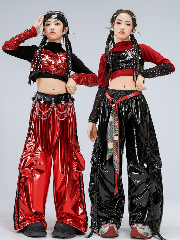 Dievčenský kostým na vystúpenie, dlhý rukáv crop top v štýle catwalk (polyesterová látka; obsah polyesteru 50%; vhodné pre vek 8+; zima 2025; etiketa na golieri)