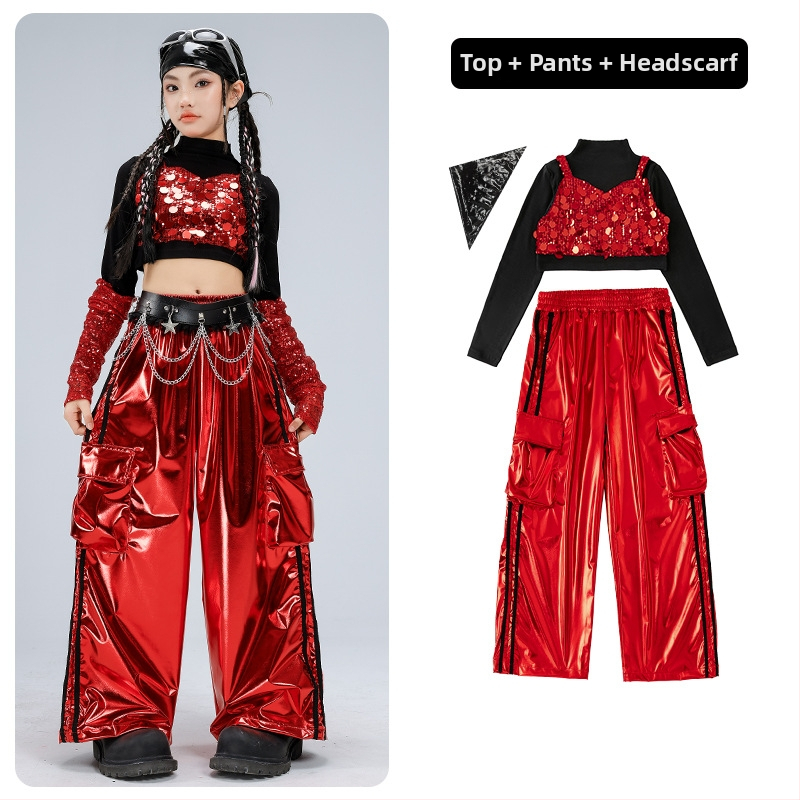 Dievčenský kostým na vystúpenie, dlhý rukáv crop top v štýle catwalk (polyesterová látka; obsah polyesteru 50%; vhodné pre vek 8+; zima 2025; etiketa na golieri)