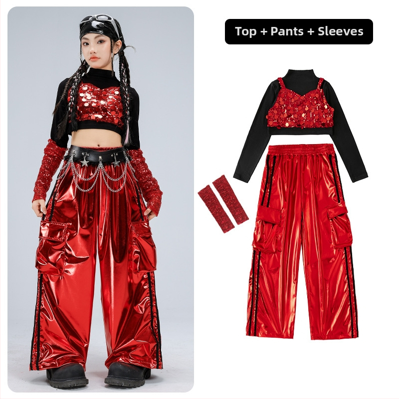 Dievčenský kostým na vystúpenie, dlhý rukáv crop top v štýle catwalk (polyesterová látka; obsah polyesteru 50%; vhodné pre vek 8+; zima 2025; etiketa na golieri)