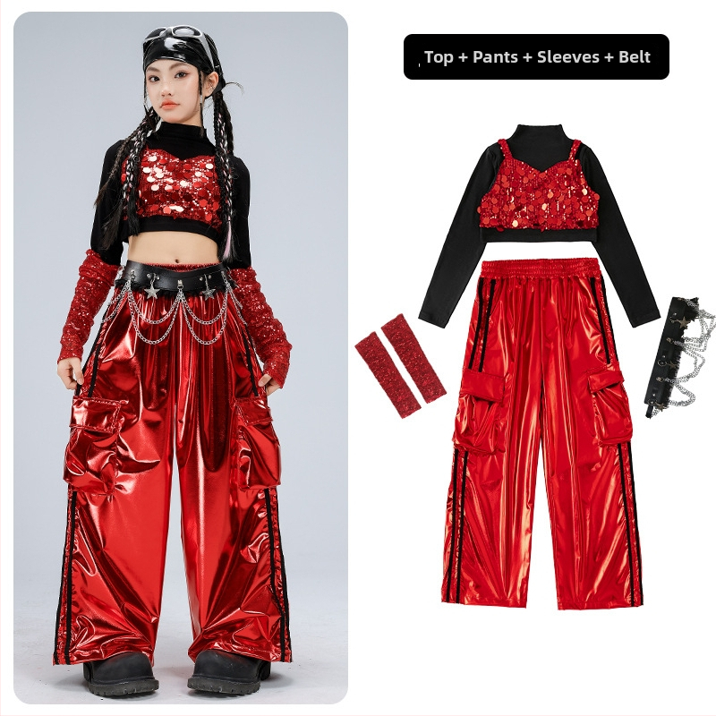 Dievčenský kostým na vystúpenie, dlhý rukáv crop top v štýle catwalk (polyesterová látka; obsah polyesteru 50%; vhodné pre vek 8+; zima 2025; etiketa na golieri)