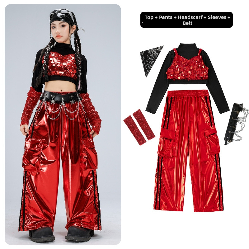 Dievčenský kostým na vystúpenie, dlhý rukáv crop top v štýle catwalk (polyesterová látka; obsah polyesteru 50%; vhodné pre vek 8+; zima 2025; etiketa na golieri)