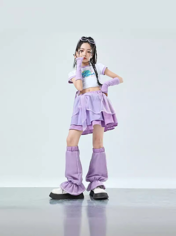 Detský kostým pre jazzový tanec s hip-hop štýlom na letné vystúpenie – polyestrový materiál, vhodný pre deti nad 8 rokov (výška nad 140 cm), hip-hop tanec