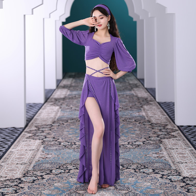 Set de dans oriental belly dance în stil curte franceză, culoare solidă, 100% poliester, îmbrăcăminte de scenă pentru femei.