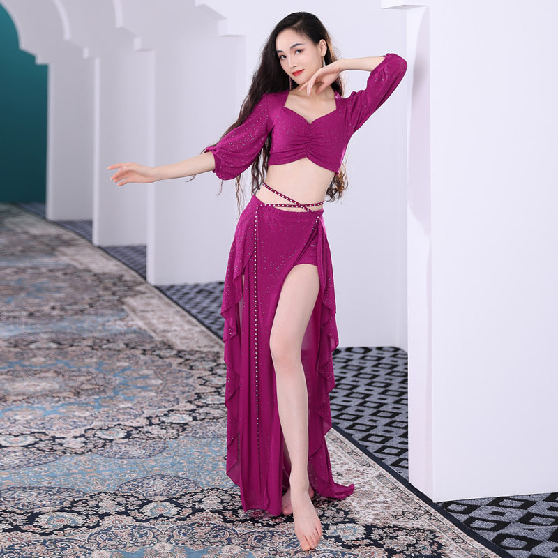 Set de dans oriental belly dance în stil curte franceză, culoare solidă, 100% poliester, îmbrăcăminte de scenă pentru femei.
