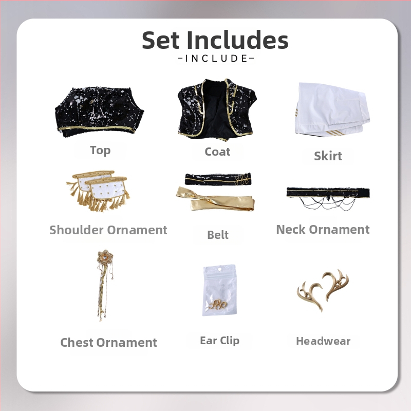 Cosplay kostīms – démonu mednieku raganu grupa, iedvesmojusies no K-Pop meiteņu grupas; poliesters, 95%+ galvenā auduma saturs; pavasaris 2025; produkta kods 123669; piemērots animācijas lellēm un anime lomu spēlēm