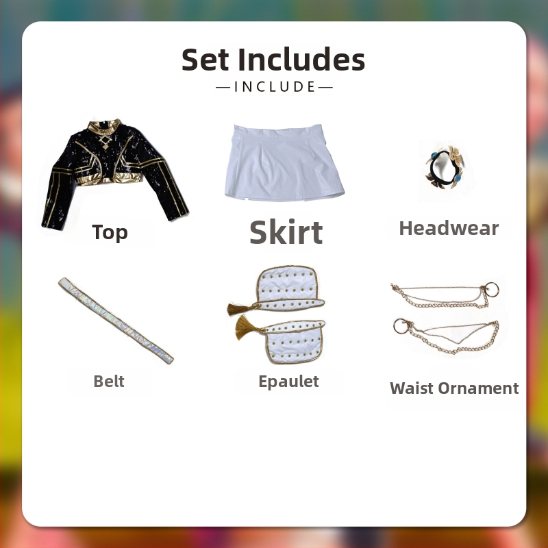 Cosplay kostīms – démonu mednieku raganu grupa, iedvesmojusies no K-Pop meiteņu grupas; poliesters, 95%+ galvenā auduma saturs; pavasaris 2025; produkta kods 123669; piemērots animācijas lellēm un anime lomu spēlēm