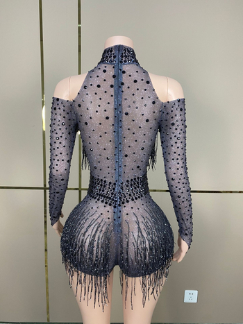 Salopetă de reprezentație cu cristale și ciucuri pentru cântărețe și echipe de dans — lansare vară 2023; țesătură Spandex 50–70%, Poliester 30–50%; imprimeu; stil: neutră; proaspăt și dulce