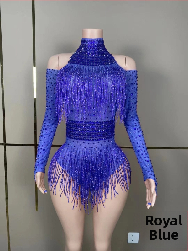 Scēnas kostīms ar kristāliem un tassels dziedātājām un deju komandām — vasaras 2023 izlase; audums Spandex 50–70%, Polyester 30–50%; drukas raksts; stils: neitrāls; svaigs un salds