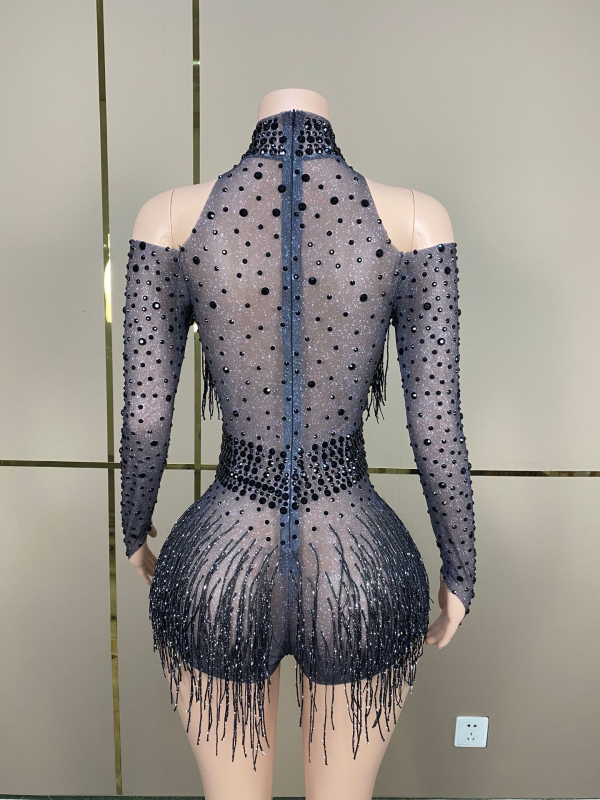 Salopetă de reprezentație cu cristale și ciucuri pentru cântărețe și echipe de dans — lansare vară 2023; țesătură Spandex 50–70%, Poliester 30–50%; imprimeu; stil: neutră; proaspăt și dulce