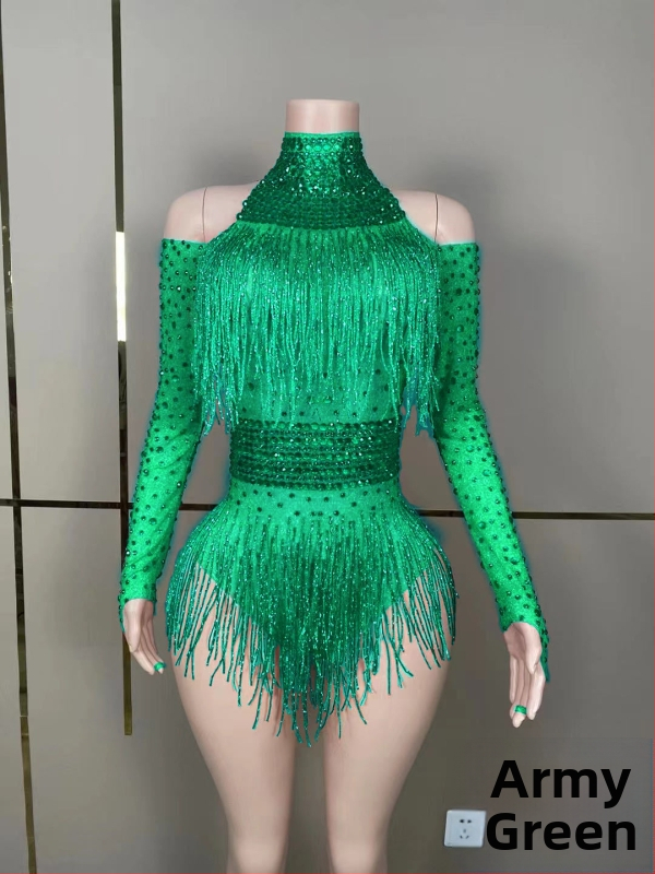 Salopetă de reprezentație cu cristale și ciucuri pentru cântărețe și echipe de dans — lansare vară 2023; țesătură Spandex 50–70%, Poliester 30–50%; imprimeu; stil: neutră; proaspăt și dulce