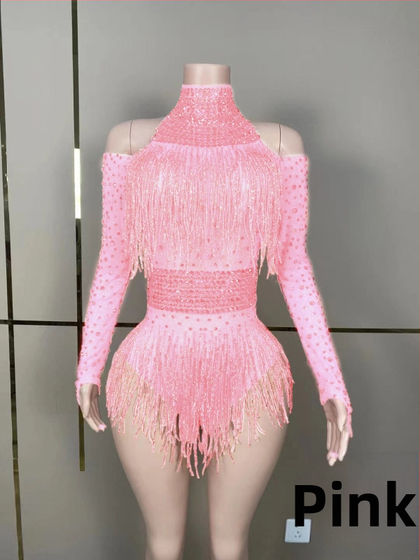 Salopetă de reprezentație cu cristale și ciucuri pentru cântărețe și echipe de dans — lansare vară 2023; țesătură Spandex 50–70%, Poliester 30–50%; imprimeu; stil: neutră; proaspăt și dulce