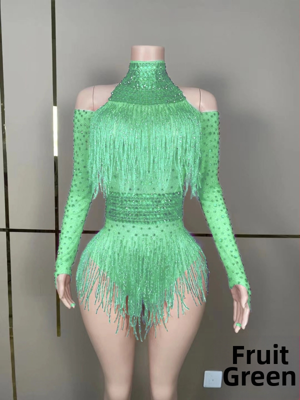 Salopetă de reprezentație cu cristale și ciucuri pentru cântărețe și echipe de dans — lansare vară 2023; țesătură Spandex 50–70%, Poliester 30–50%; imprimeu; stil: neutră; proaspăt și dulce