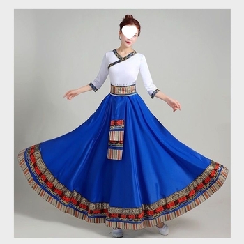 Тибетски етнически танцов комплект със пола – Chenille-Spandex плат, унисекс, фолк танц, пролет 2025