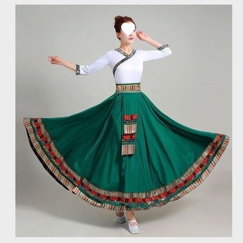 Тибетски етнически танцов комплект със пола – Chenille-Spandex плат, унисекс, фолк танц, пролет 2025