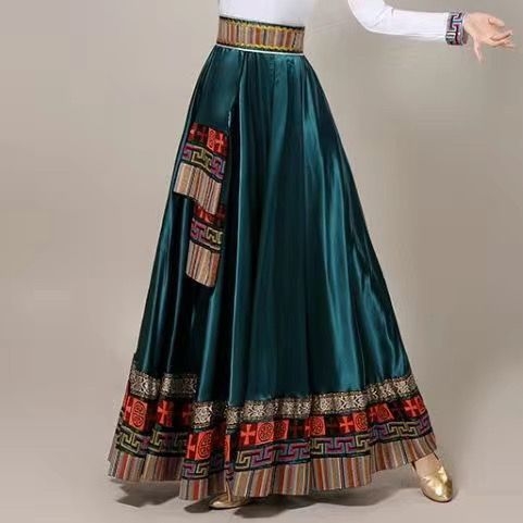 Тибетски етнически танцов комплект със пола – Chenille-Spandex плат, унисекс, фолк танц, пролет 2025