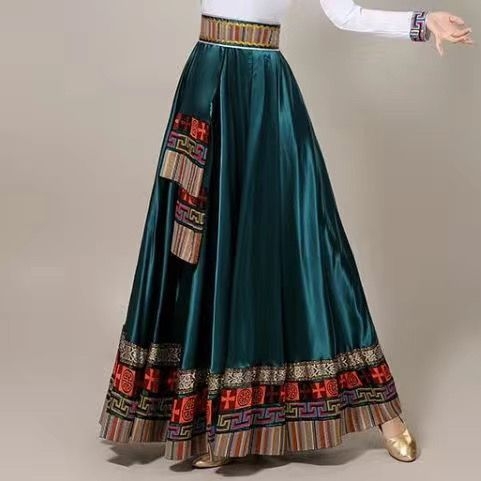 Тибетски етнически танцов комплект със пола – Chenille-Spandex плат, унисекс, фолк танц, пролет 2025