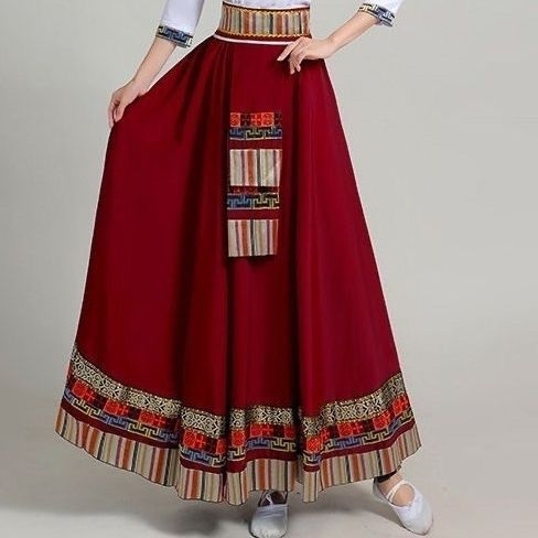 Тибетски етнически танцов комплект със пола – Chenille-Spandex плат, унисекс, фолк танц, пролет 2025