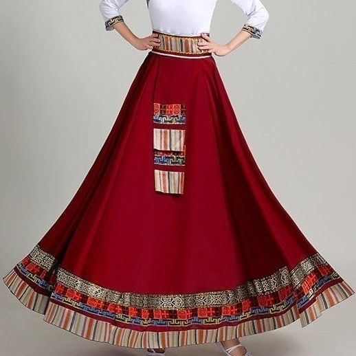 Тибетски етнически танцов комплект със пола – Chenille-Spandex плат, унисекс, фолк танц, пролет 2025