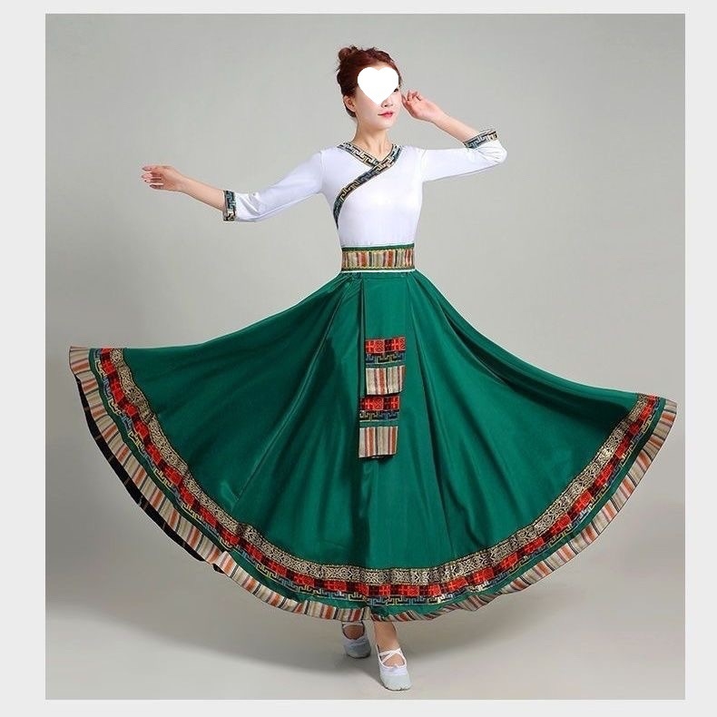 Тибетски етнически танцов комплект със пола – Chenille-Spandex плат, унисекс, фолк танц, пролет 2025