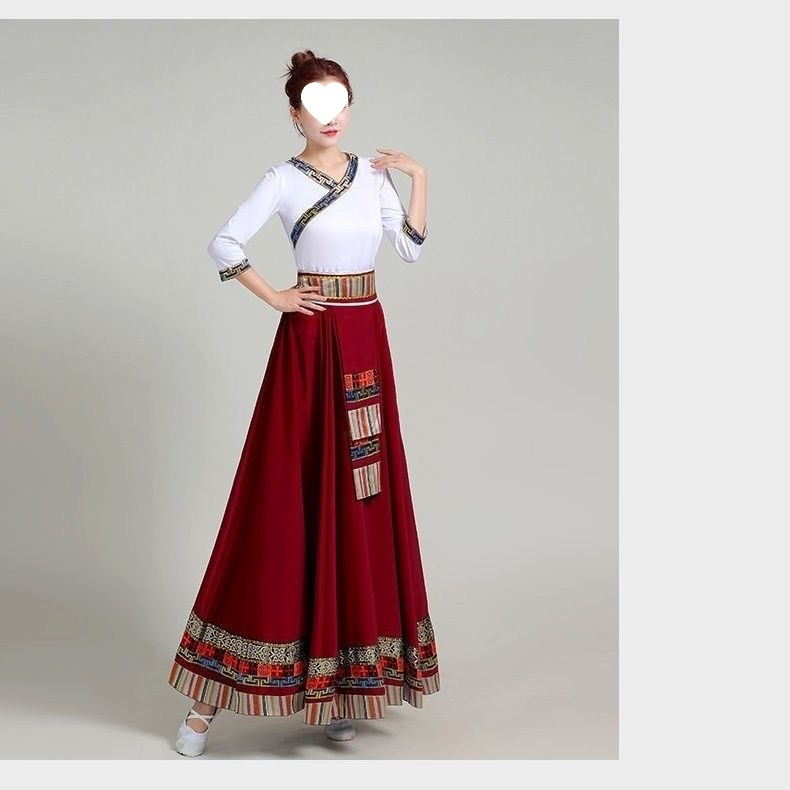 Тибетски етнически танцов комплект със пола – Chenille-Spandex плат, унисекс, фолк танц, пролет 2025