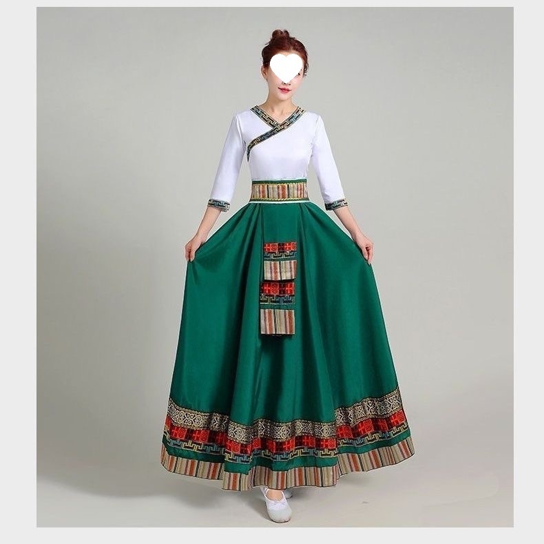 Тибетски етнически танцов комплект със пола – Chenille-Spandex плат, унисекс, фолк танц, пролет 2025
