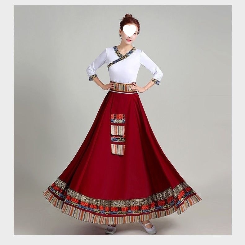 Тибетски етнически танцов комплект със пола – Chenille-Spandex плат, унисекс, фолк танц, пролет 2025