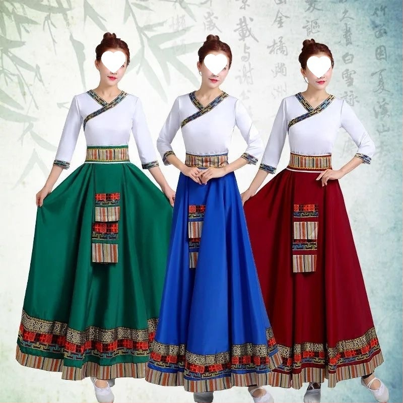 Тибетски етнически танцов комплект със пола – Chenille-Spandex плат, унисекс, фолк танц, пролет 2025
