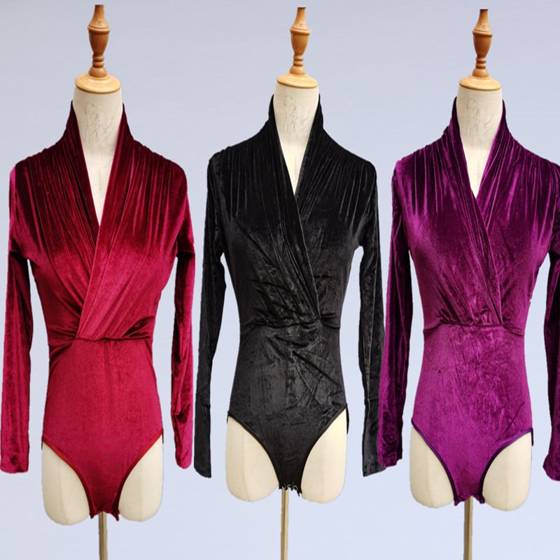 Rochie de practică pentru dans latino – Top cu mâneci lungi din catifea pentru femei, Costum de dans profesional pentru scenă (Țesătură: Chemical Fiber Blending; Material principal: Spandex; Captuseala: Spandex; Ocazii: Dans latino)