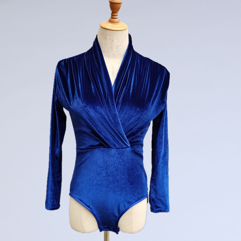 Rochie de practică pentru dans latino – Top cu mâneci lungi din catifea pentru femei, Costum de dans profesional pentru scenă (Țesătură: Chemical Fiber Blending; Material principal: Spandex; Captuseala: Spandex; Ocazii: Dans latino)