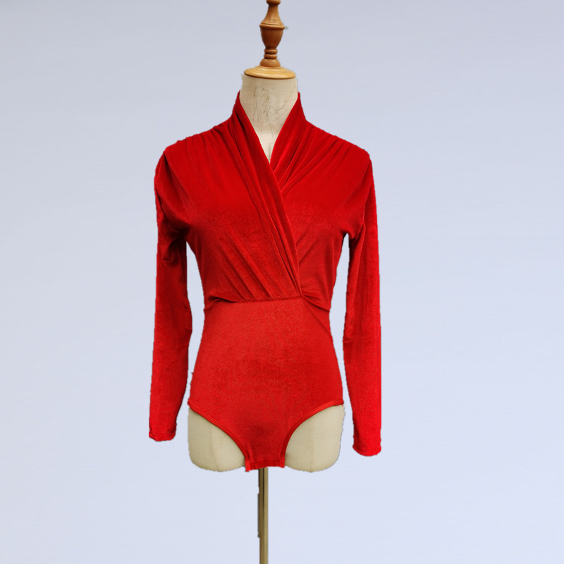 Rochie de practică pentru dans latino – Top cu mâneci lungi din catifea pentru femei, Costum de dans profesional pentru scenă (Țesătură: Chemical Fiber Blending; Material principal: Spandex; Captuseala: Spandex; Ocazii: Dans latino)