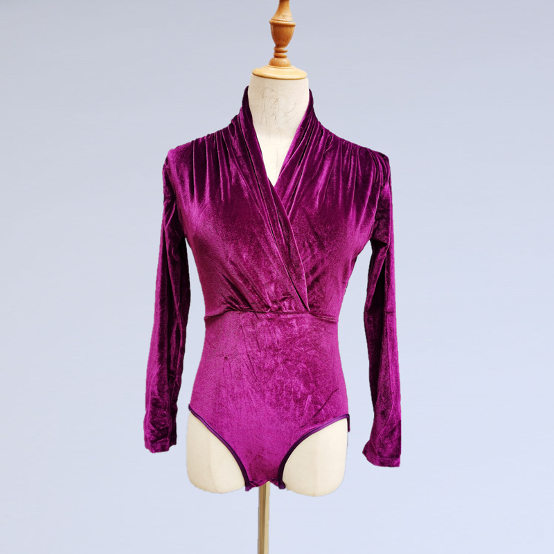 Rochie de practică pentru dans latino – Top cu mâneci lungi din catifea pentru femei, Costum de dans profesional pentru scenă (Țesătură: Chemical Fiber Blending; Material principal: Spandex; Captuseala: Spandex; Ocazii: Dans latino)