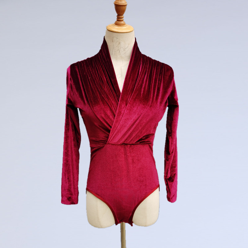 Rochie de practică pentru dans latino – Top cu mâneci lungi din catifea pentru femei, Costum de dans profesional pentru scenă (Țesătură: Chemical Fiber Blending; Material principal: Spandex; Captuseala: Spandex; Ocazii: Dans latino)