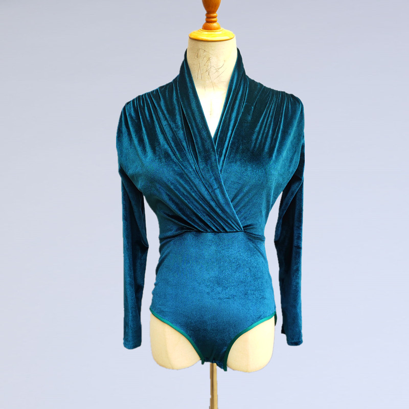 Rochie de practică pentru dans latino – Top cu mâneci lungi din catifea pentru femei, Costum de dans profesional pentru scenă (Țesătură: Chemical Fiber Blending; Material principal: Spandex; Captuseala: Spandex; Ocazii: Dans latino)