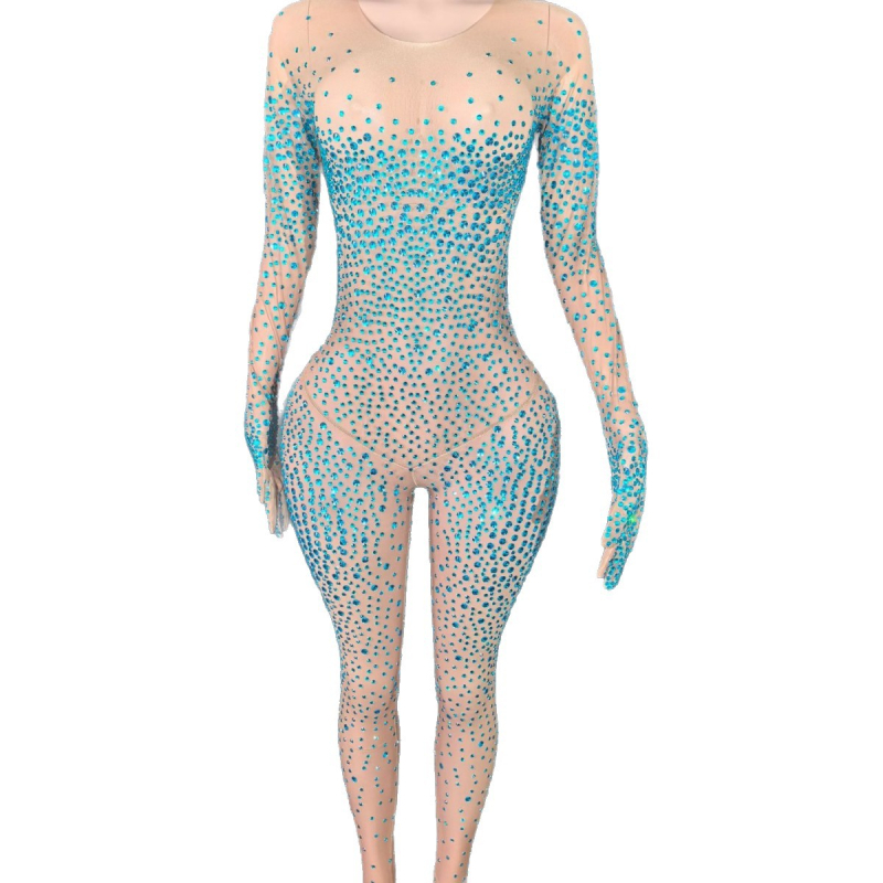 Salopetă cu plasă cristalină, mâneci lungi pentru pole dance — Organza, amestec poliester ≤30%, toamnă 2023