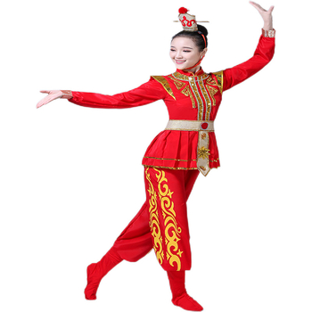 Costume de spectacol pentru copii – echipa Mulan Gong și Drum, stil Mu Guiying, unisex, costum de dans popular, țesătură chenille cu Spandex sub 30%